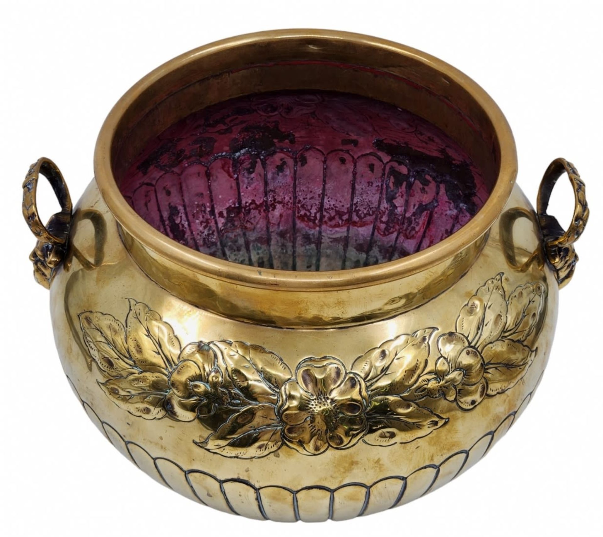 Antique English pot (Jardiniere), jardiniere from the 19th century (Victorian), made of brass. Width - Image 3 of 5