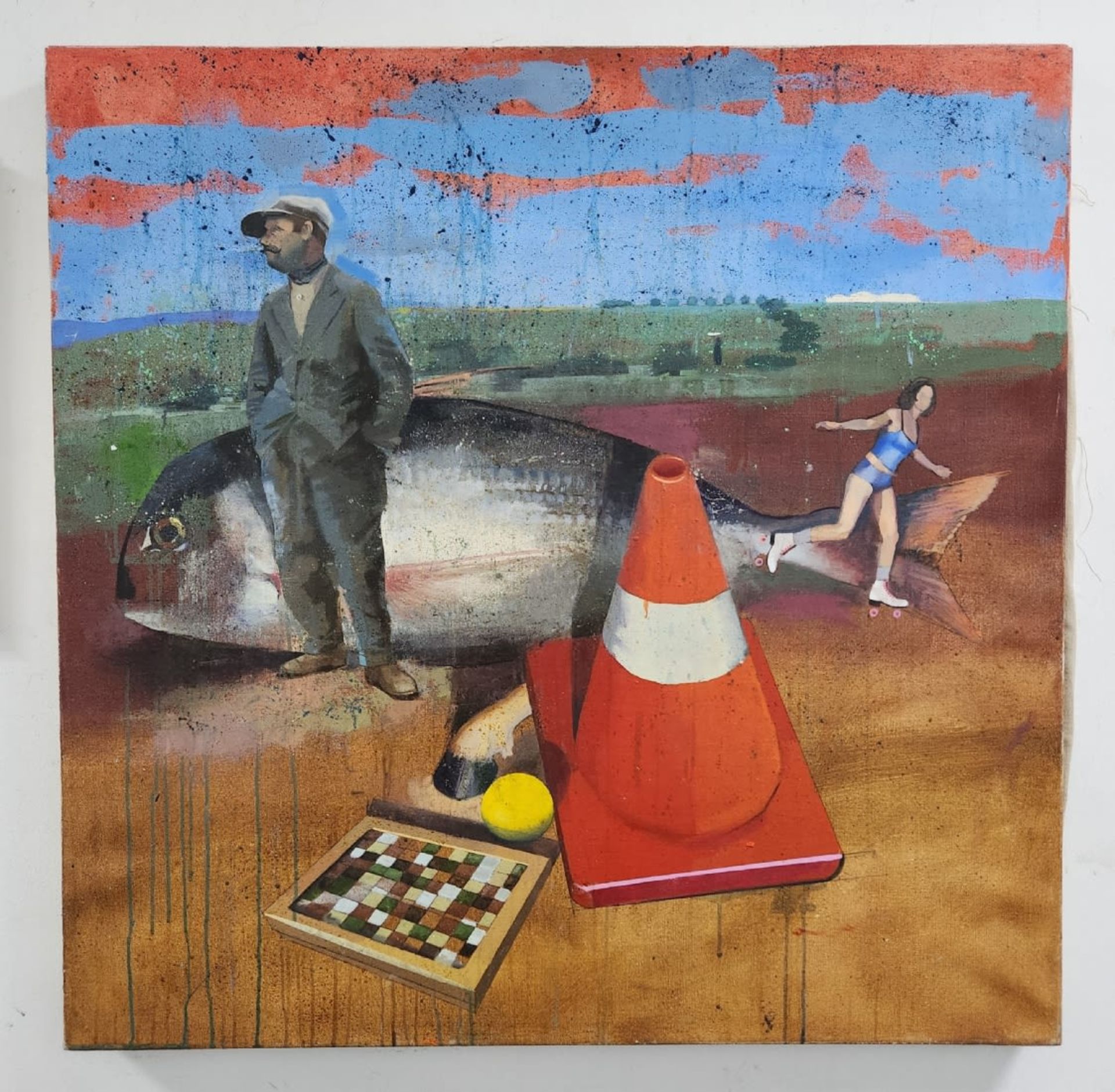 'Man and Fish' - painting, kobi Shahar - oil on canvas, signed. Dimensions: 90x91 cm. The artist - Image 2 of 3