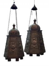 A pair of Islamic mosque lamps, made in Damascus work (inlay of copper and silver in a brass ).