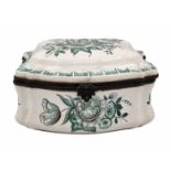 Antique French box, includes a matching lid, made of faience and metal devices, decorated with