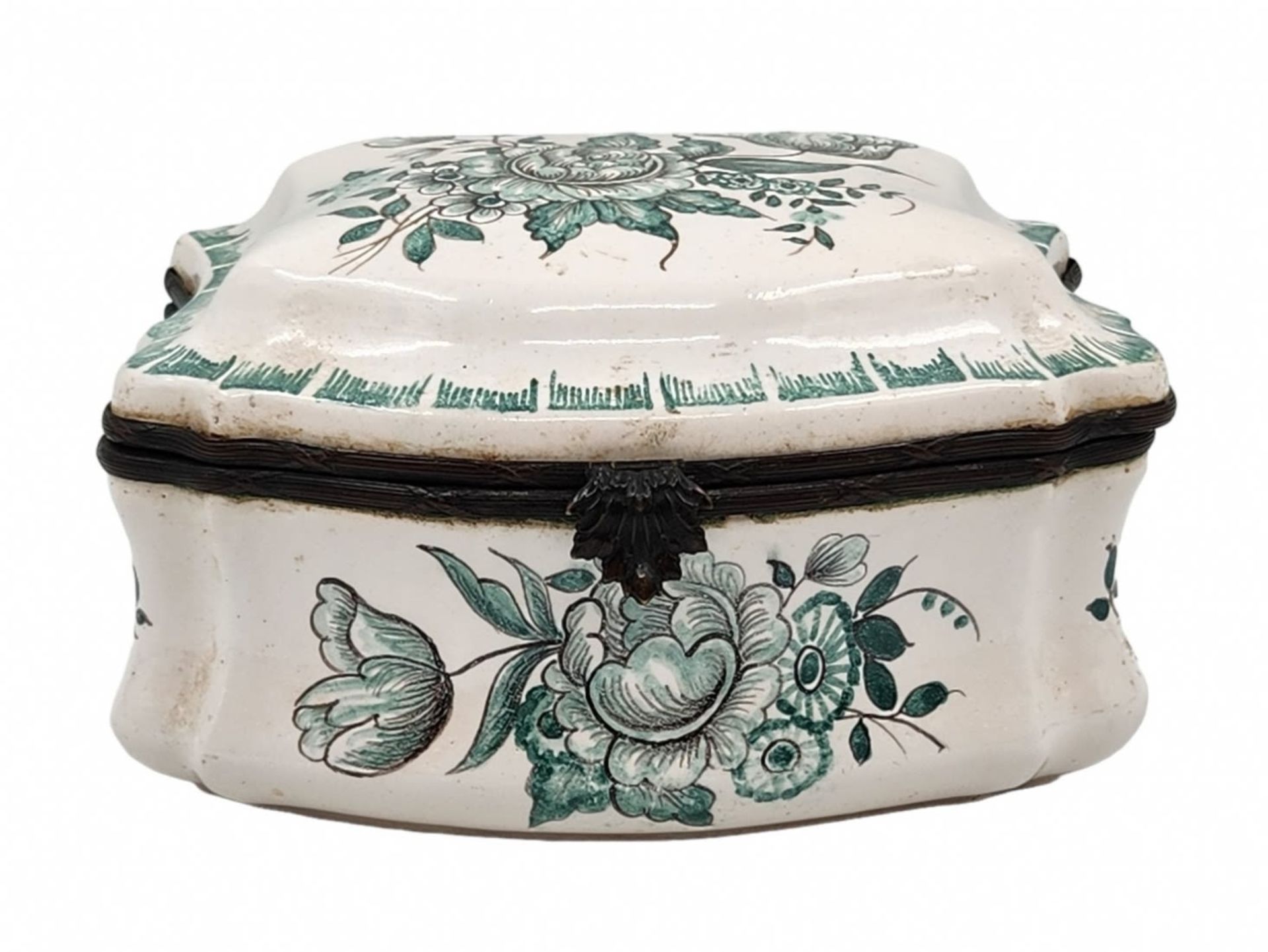 Antique French box, includes a matching lid, made of faience and metal devices, decorated with