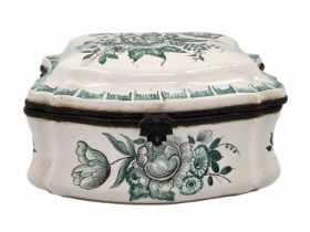 Antique French box, includes a matching lid, made of faience and metal devices, decorated with