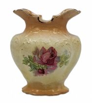 Antique Victorian English vase, made of pottery decorated with a print of blooming roses on a