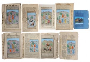 9 Persian illuminated pages, pages decorated with hand paintings in gouache, not framed. Large
