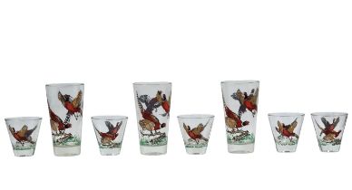 Set of glass cups (parts), parts of a set from the 1960s, decorated with a print of eagles. The