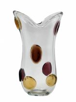 A designed glass pitcher, a jug made of hand-blown glass and decorated with brown glass cabochons.