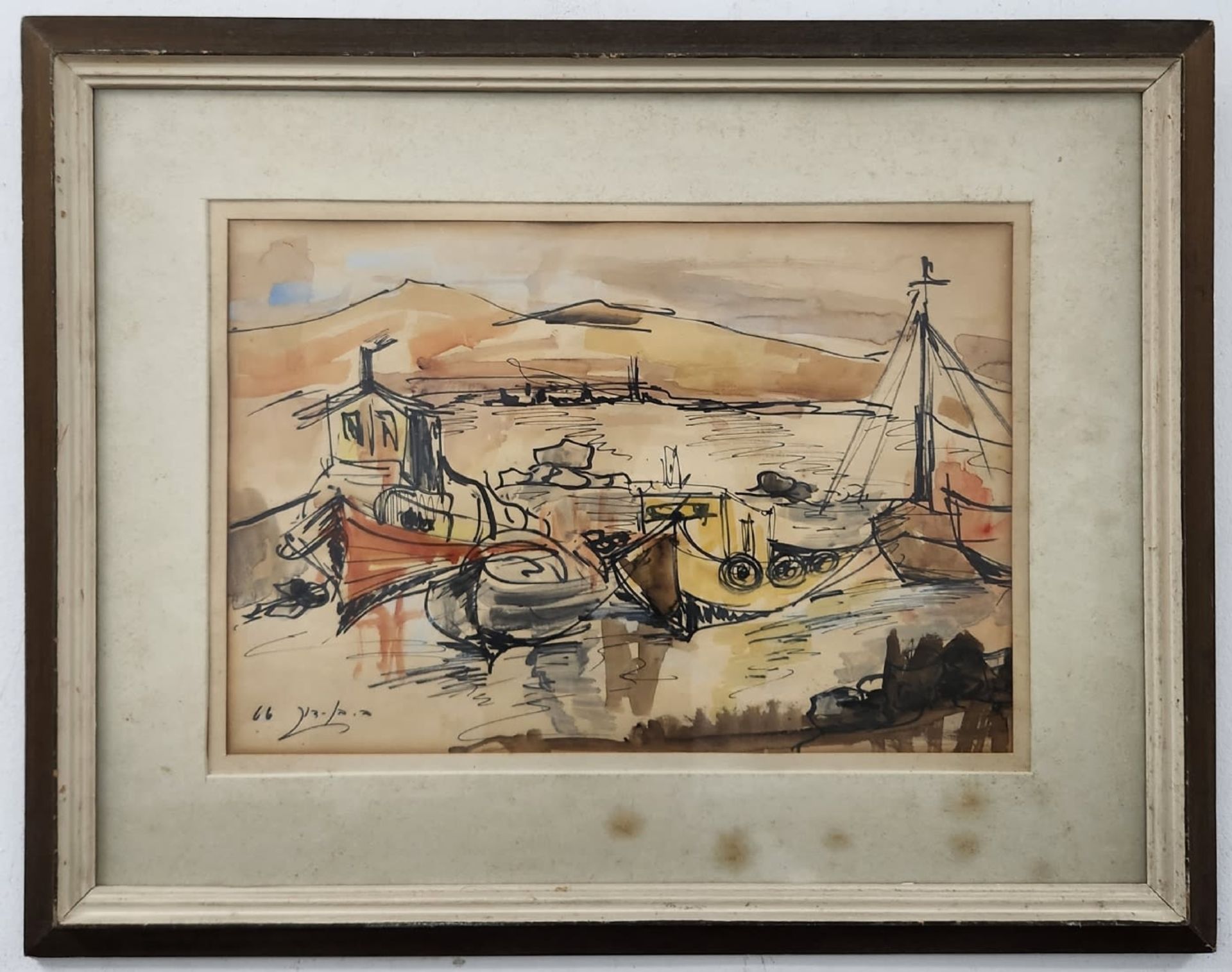 'Four fishing boats at anchor' - painting, belha Ben Dor - marker and watercolor drawing on paper, - Image 2 of 3