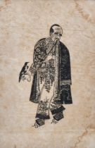 "A man and a crow"- print, chinese print, based on woodcut and ink on rice paper, signed. Blemish-