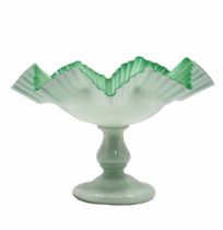 Glass centerpiece, made of green frosted glass, decorated on a lowered rim (crack to the base -