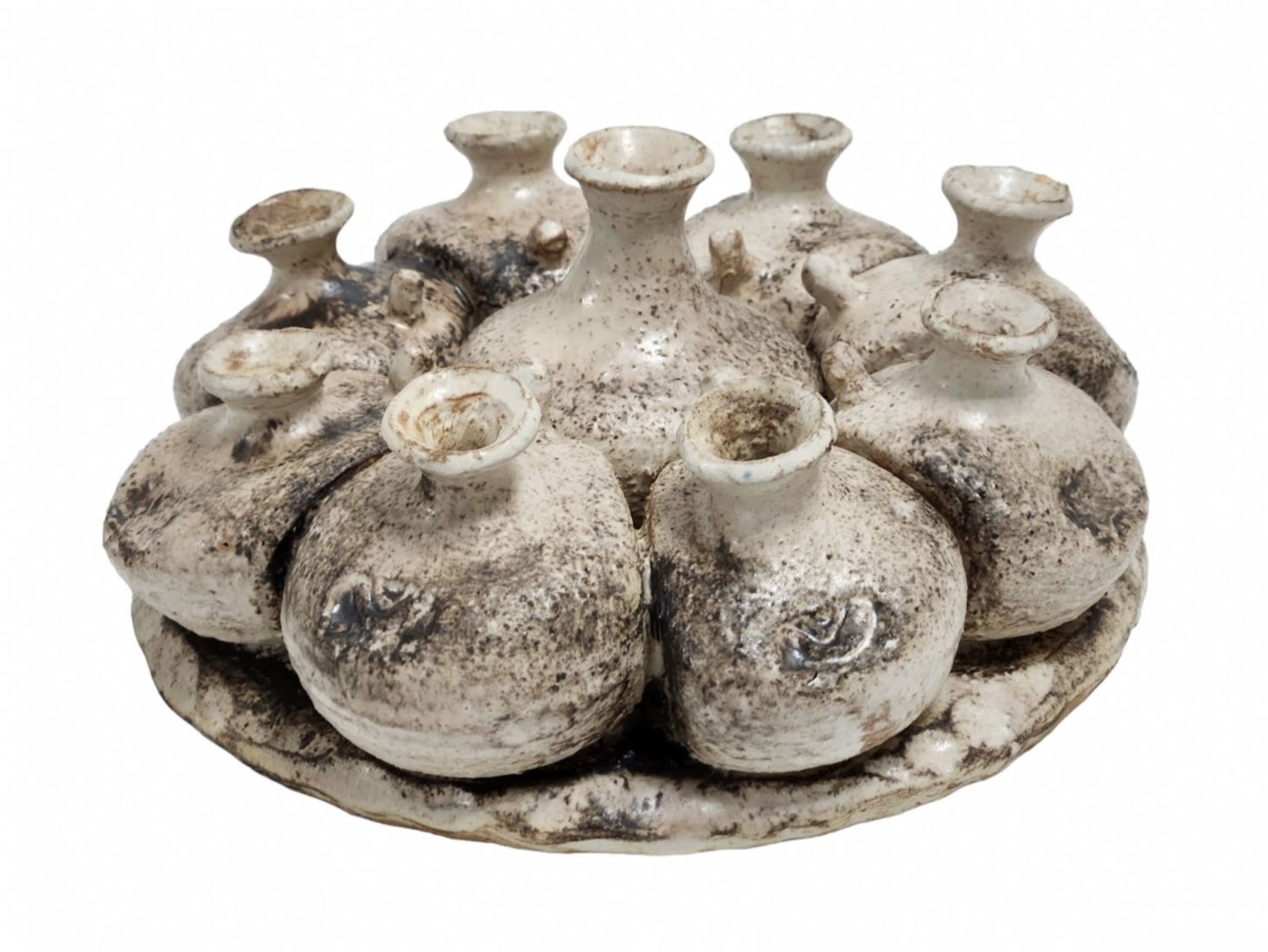 An artistic Hanukkah Menorah made of ceramics, (studio work), unknown artist, designed as an antique