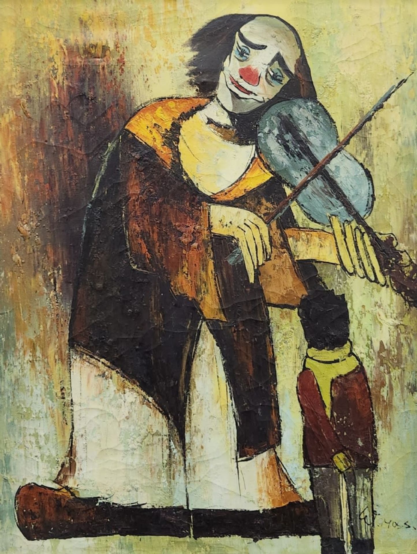 'Clown and blue violin' - painting, oil on canvas, signed. Dimensions: 61X47 cm. Frame dimensions: