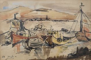 'Four fishing boats at anchor' - painting, belha Ben Dor - marker and watercolor drawing on paper,