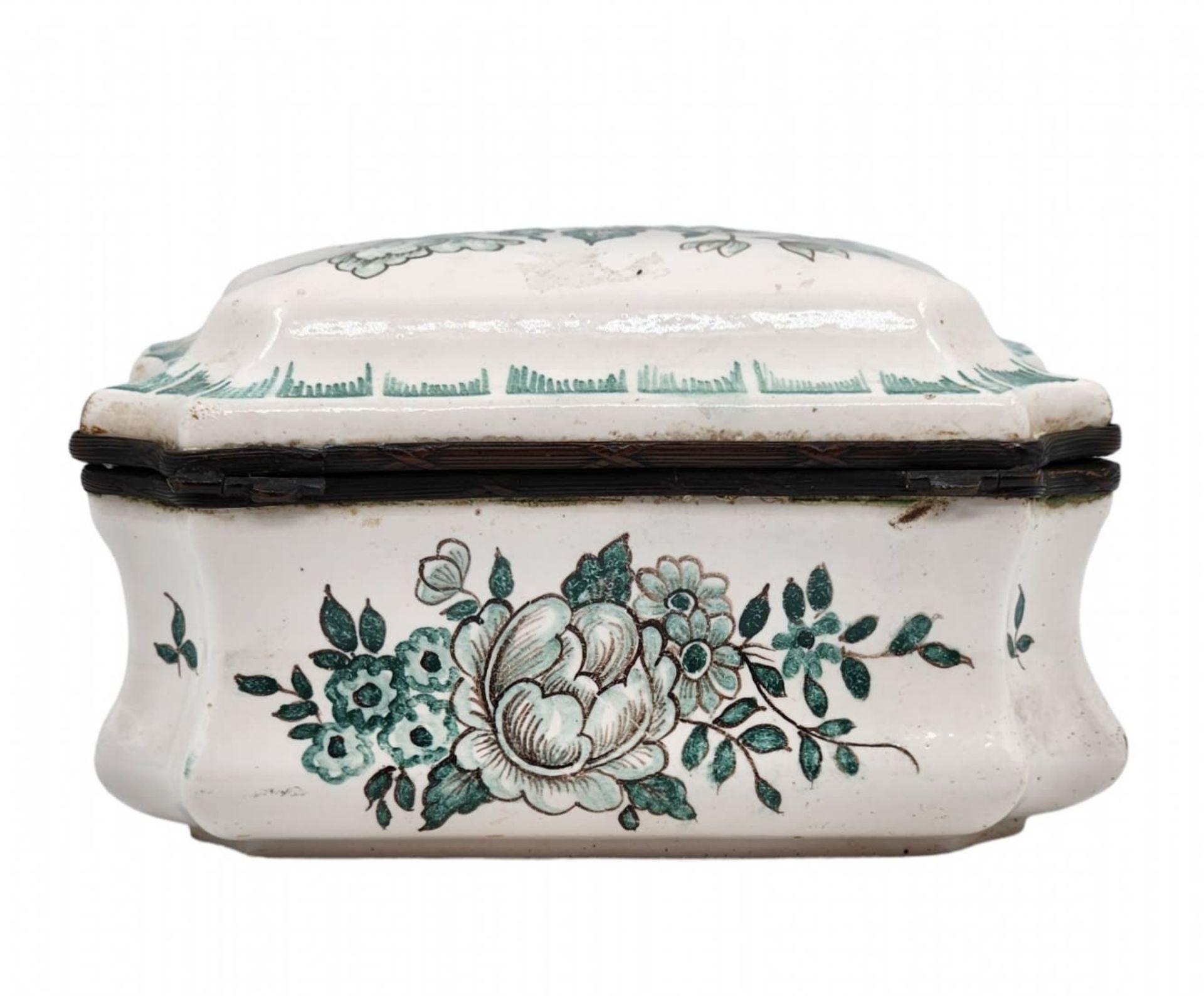 Antique French box, includes a matching lid, made of faience and metal devices, decorated with - Image 3 of 4