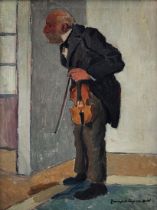'Old violinist' - painting, oil on cardboard, signed. Apparently Romanian school, signed.