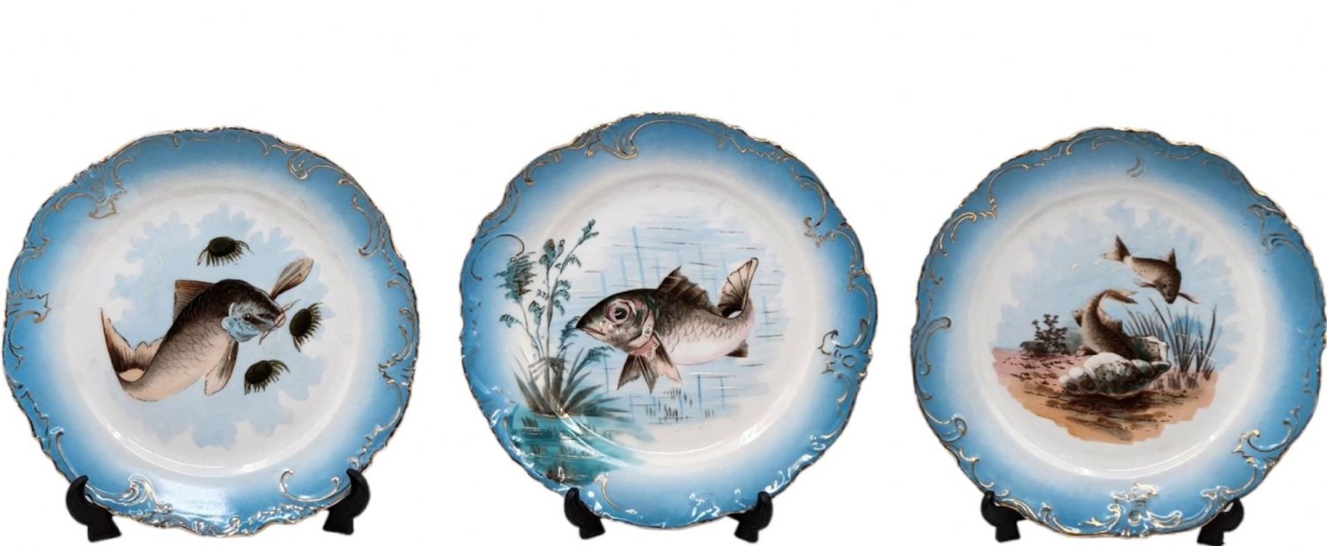 6 porcelain fish plates, late 19th century, decorated with pasted print, handmade enamel colors, and - Image 2 of 2