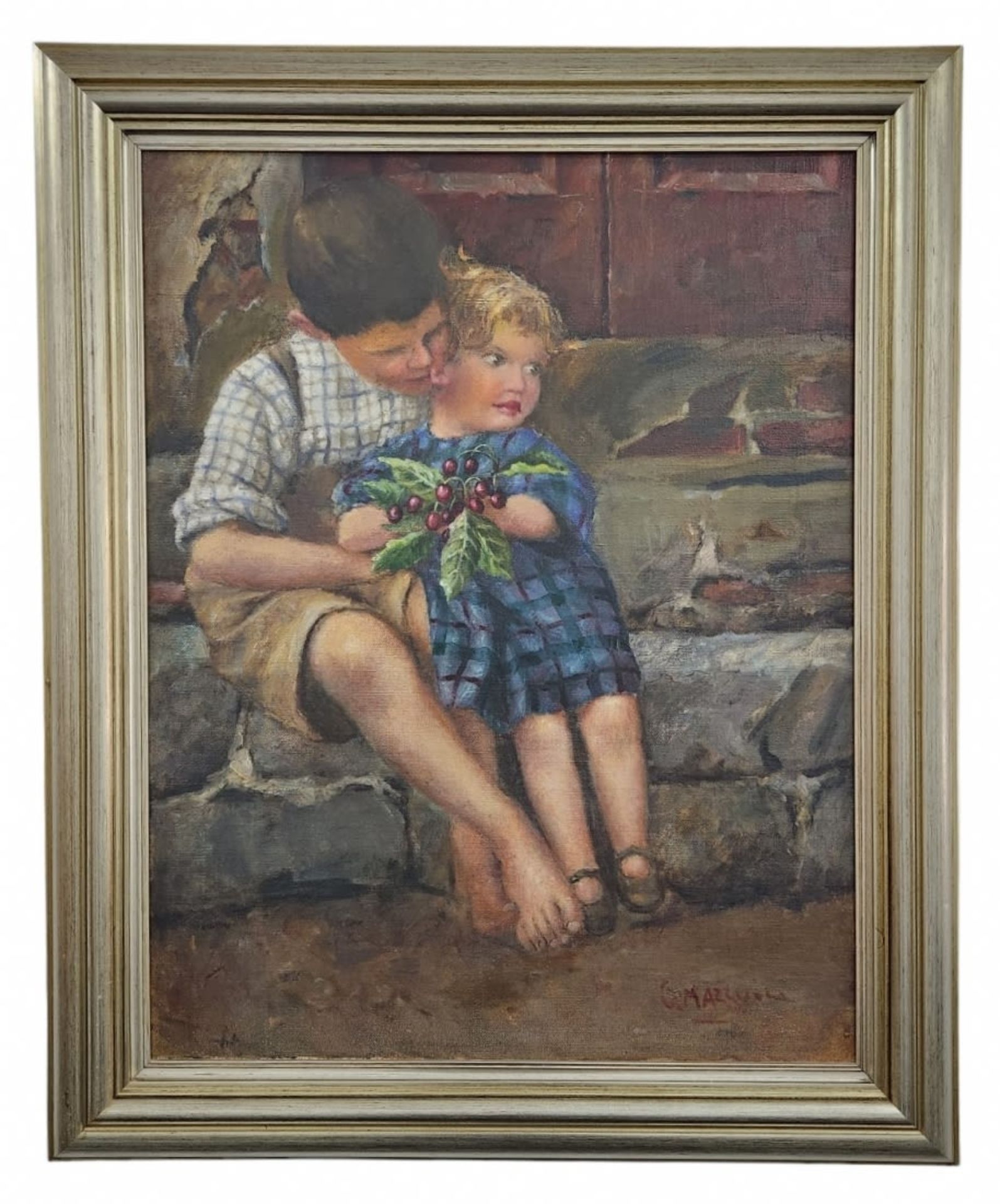 'Brotherly love' - painting, antique painting, oil on canvas mounted on board, signed (C. - Image 2 of 4