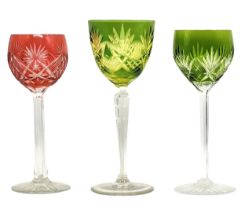 3 crystal goblets, 3 old colored Czech crystal goblets, hand polished (a tiny chip to the rim of the