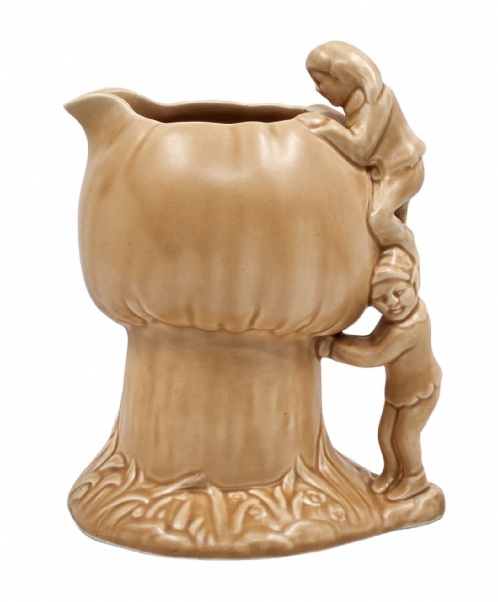 English jug made by: 'Sylvac', designed in the shape of two dwarfs climbing a mushroom, signed,
