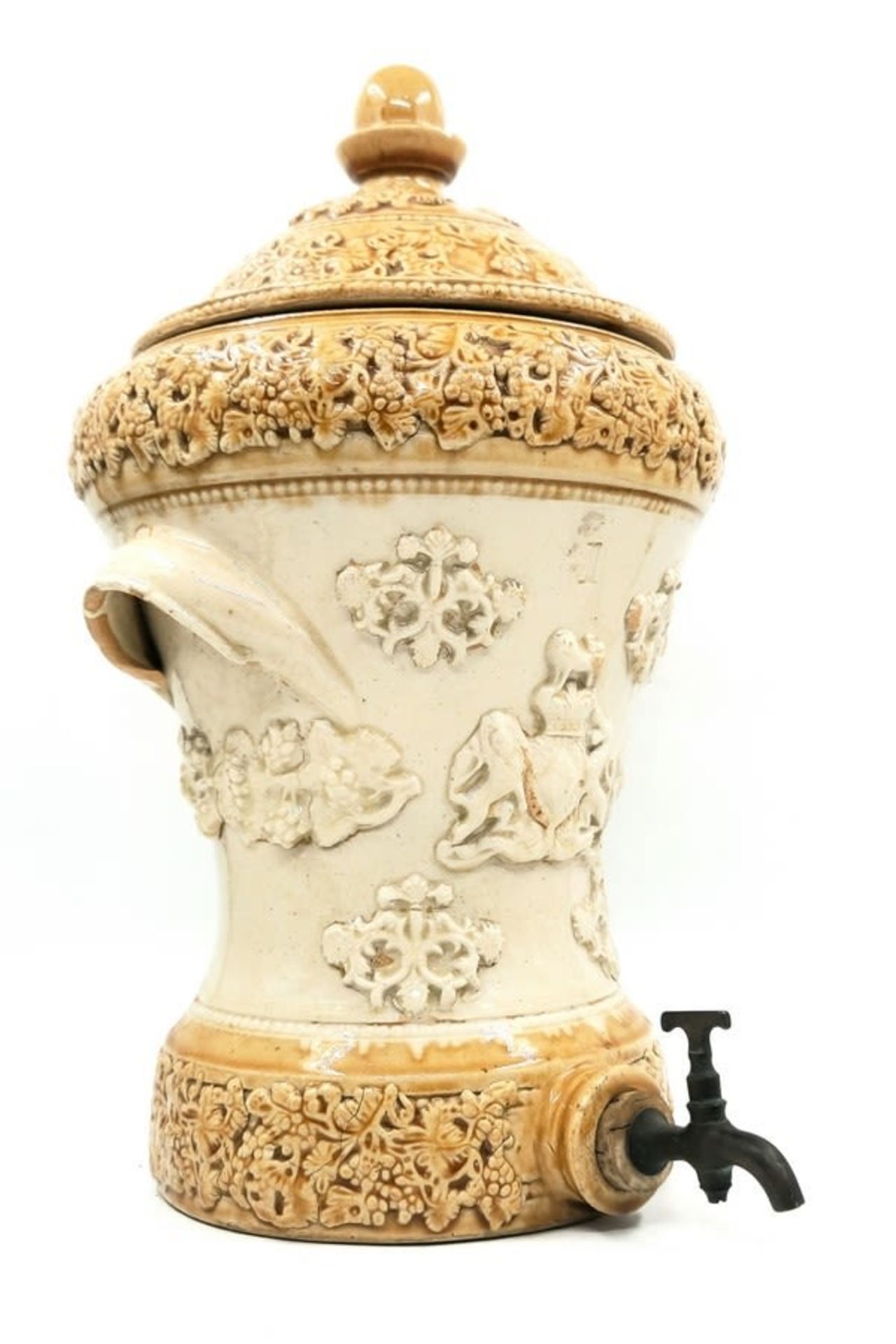 Antique English water tank from the 19th century, made of ceramic, cork stopper and metal faucet, - Image 3 of 11