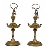 A pair of antique Italian 'Lucerna' type oil lamps, made of brass, late 19th century, Width: 12.5