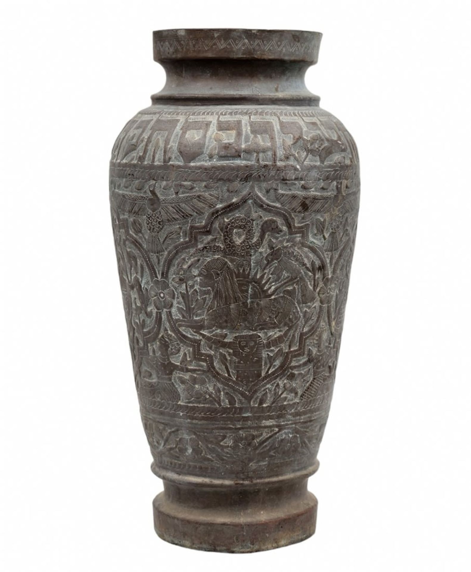 A beautiful antique Persian urn made of hammered copper, with figures and Hebrew inscription, the - Bild 2 aus 6