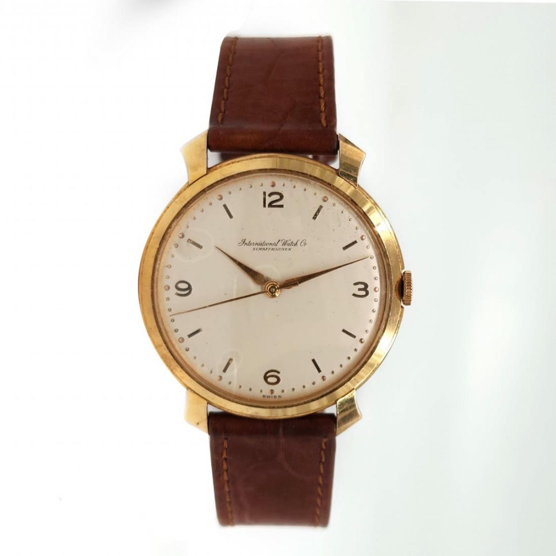 Wristwatch for men made by: 'Schaffhausen', 14k yellow gold, brown leather strap, working