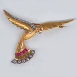 Bird brooch, 14K yellow gold set with rubies and diamonds, not signed but the purity of the gold has