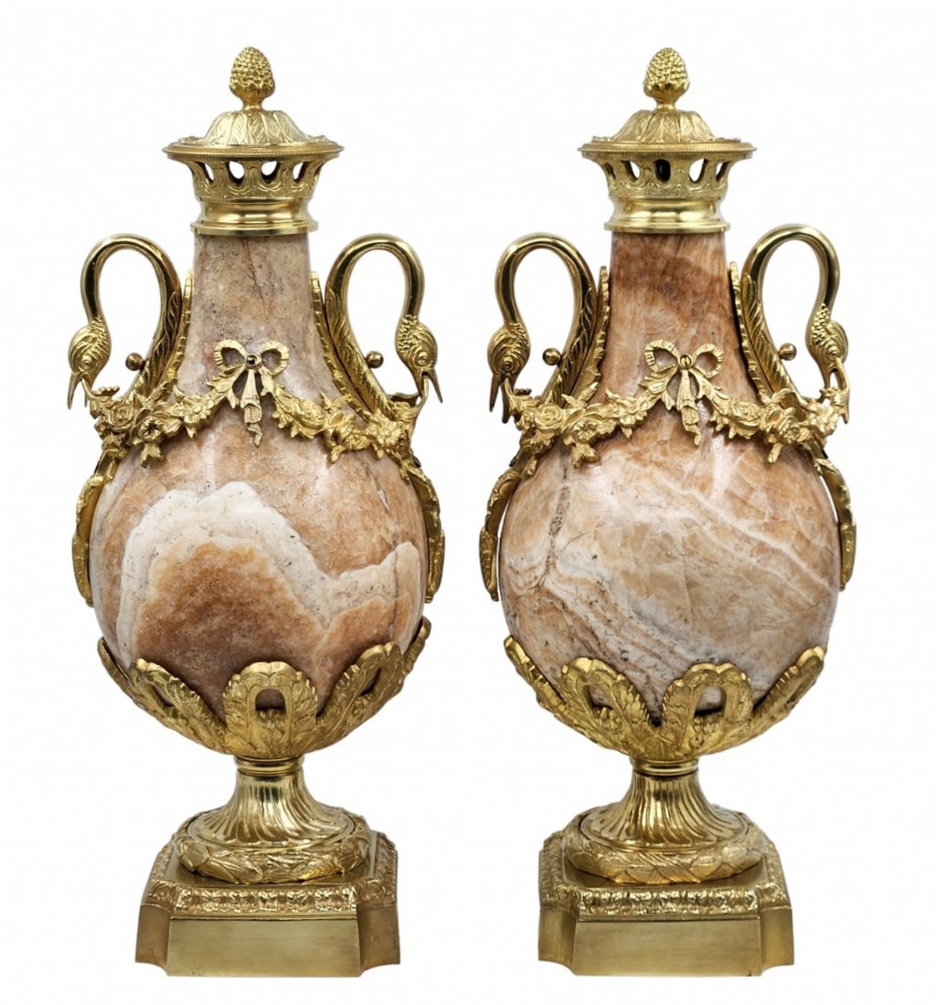 A pair of heavy and impressive French vases in the Louis XVI style, made of natural marble and - Image 2 of 14