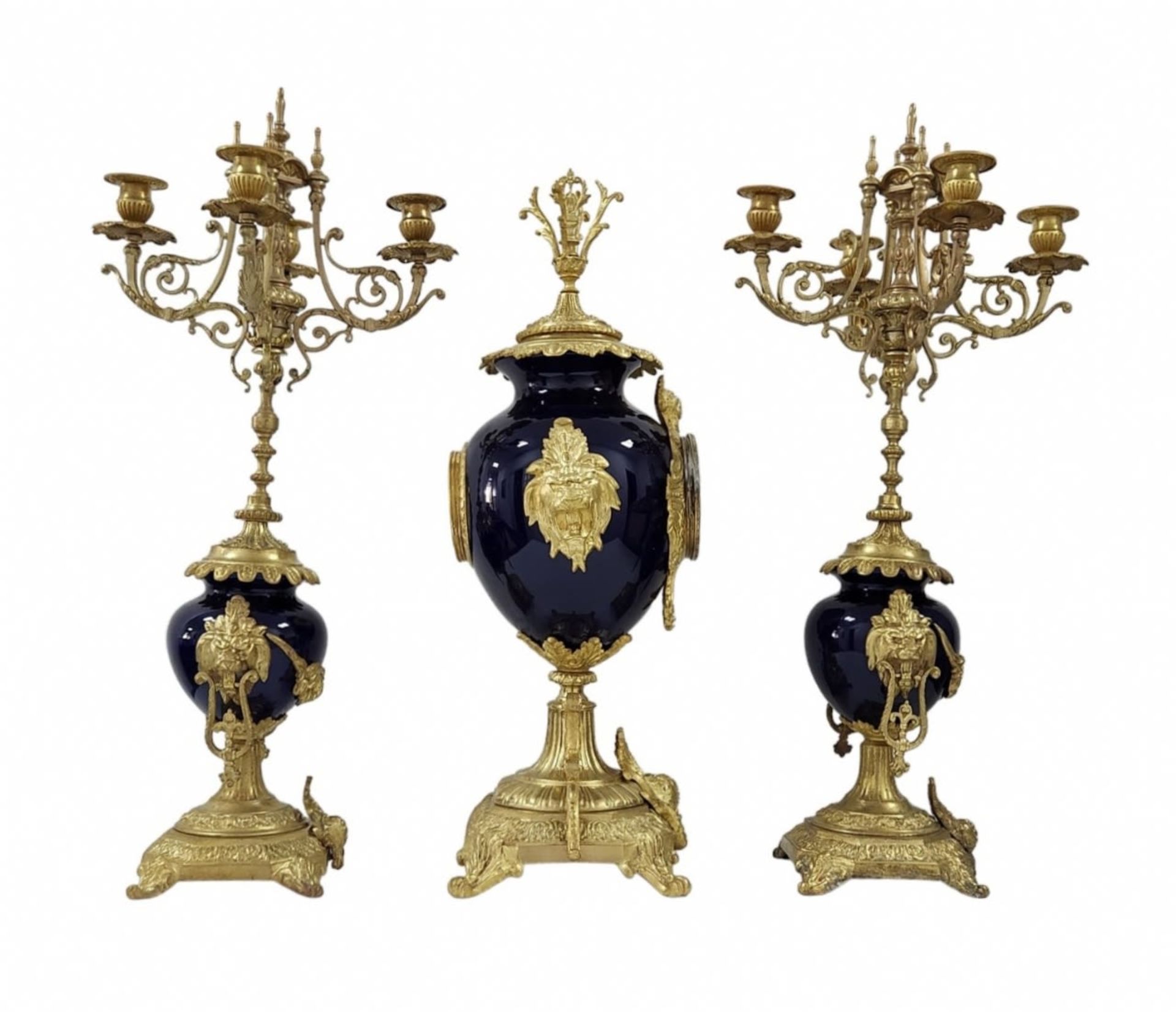 Antique French Garniture, impressively large and luxurious, includes a mantle clock and a pair of - Image 2 of 10