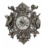 Wall clock in the style of the 'Black Forest', made of pewter and a number plate made of enamel,