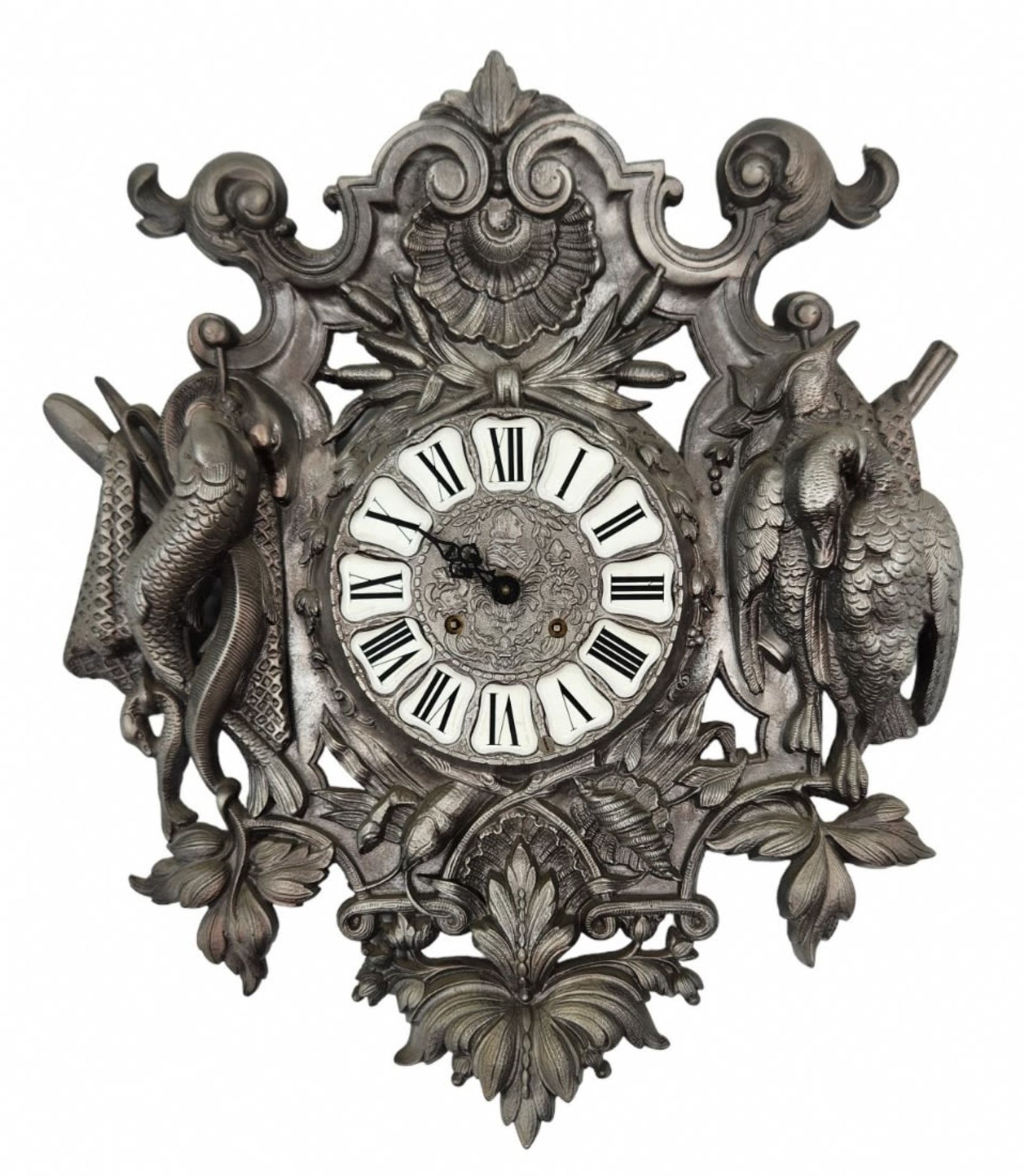 Wall clock in the style of the 'Black Forest', made of pewter and a number plate made of enamel,