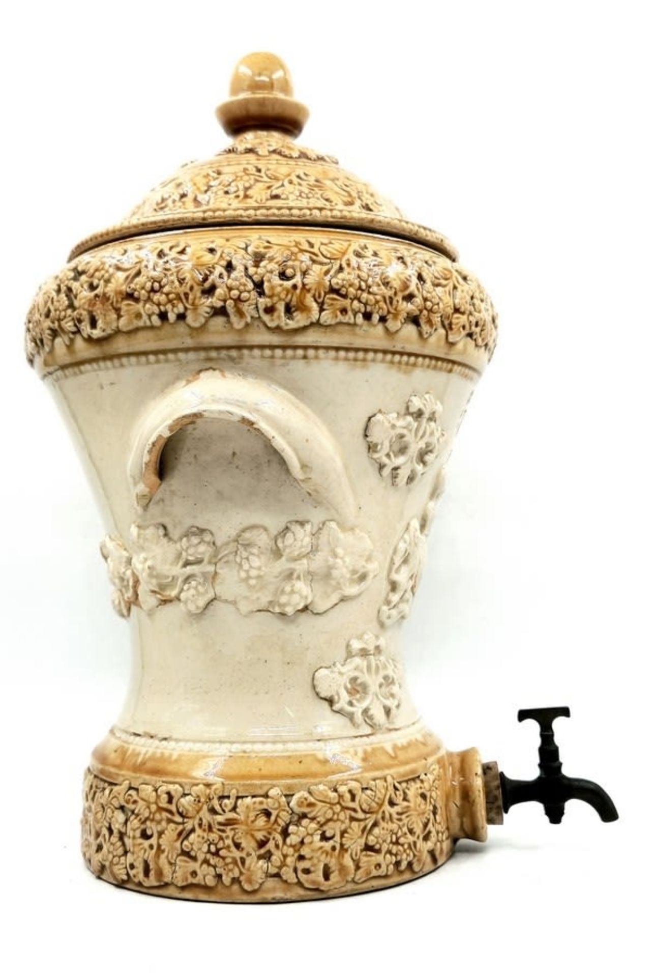 Antique English water tank from the 19th century, made of ceramic, cork stopper and metal faucet, - Image 4 of 11