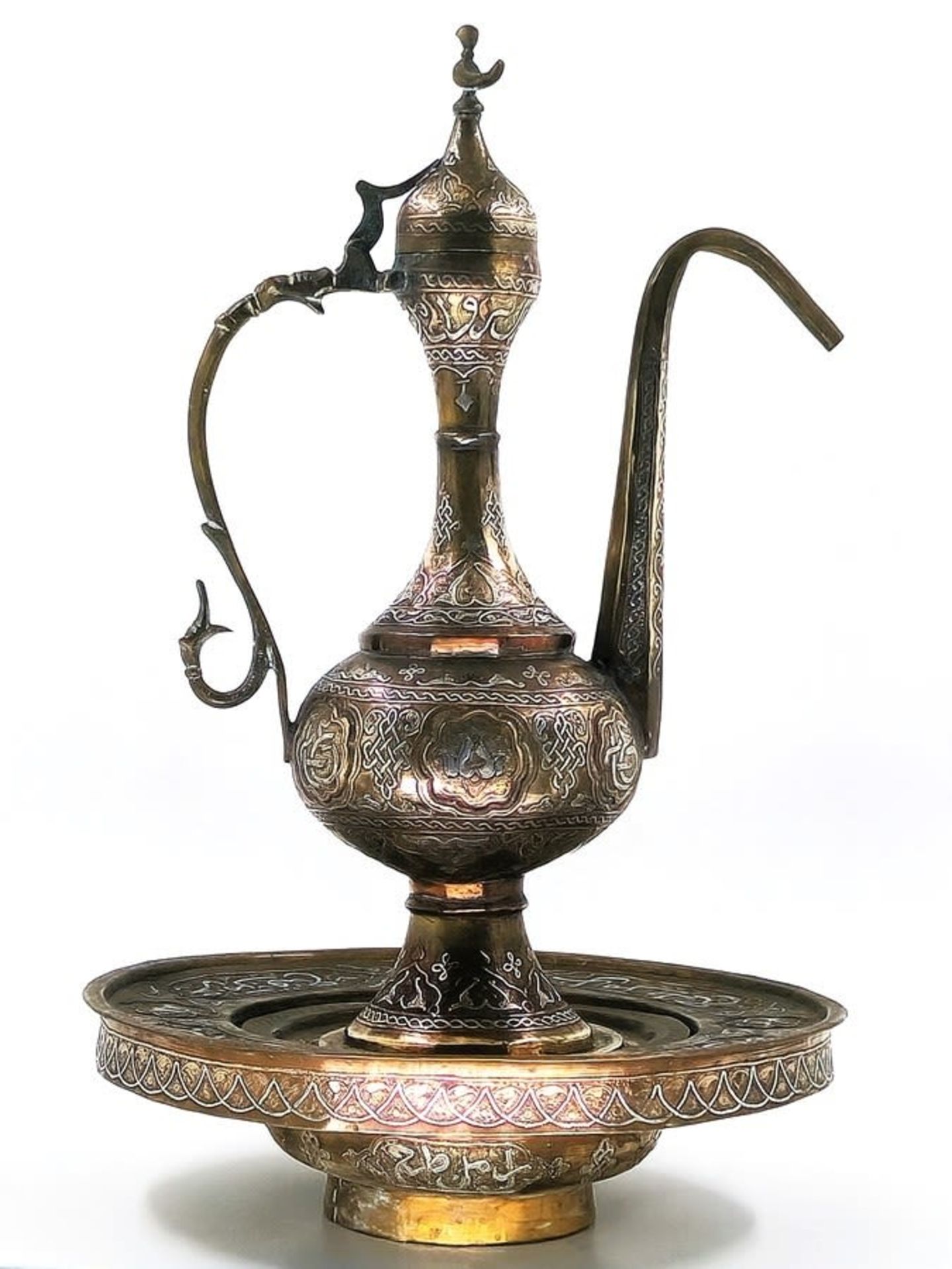 Islamic Aftaba with matching basin and strainer, decorated with Damascus work (inlay of copper and - Image 3 of 11