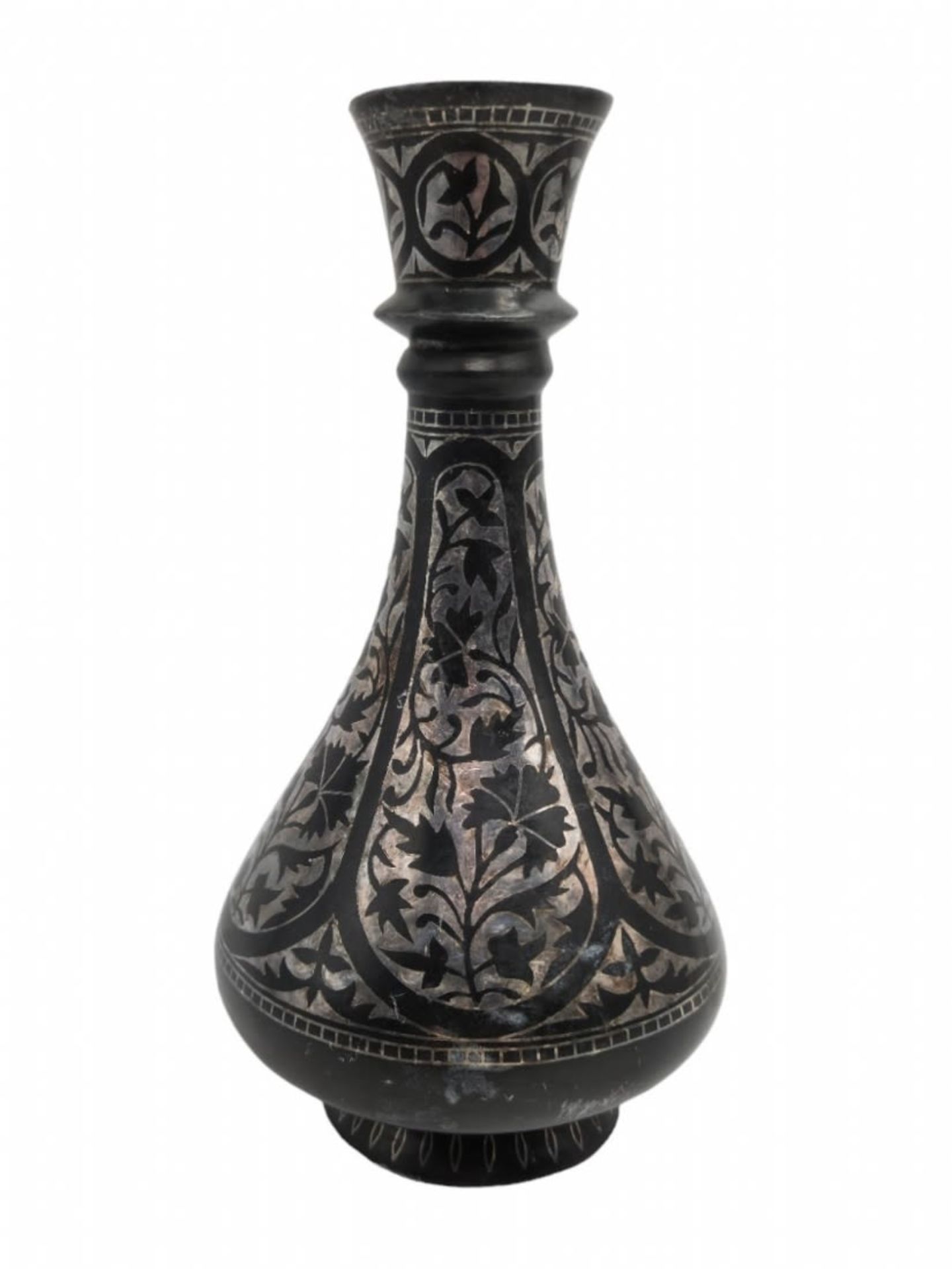 An antique Indian Bidri vase, made of metal inlaid with silver, second half of the 19th century,