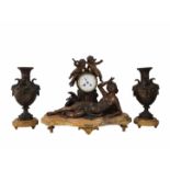 'Angels surprising a Nymph' - Antique French Mantel Clock, large and magnificent, made of spelter