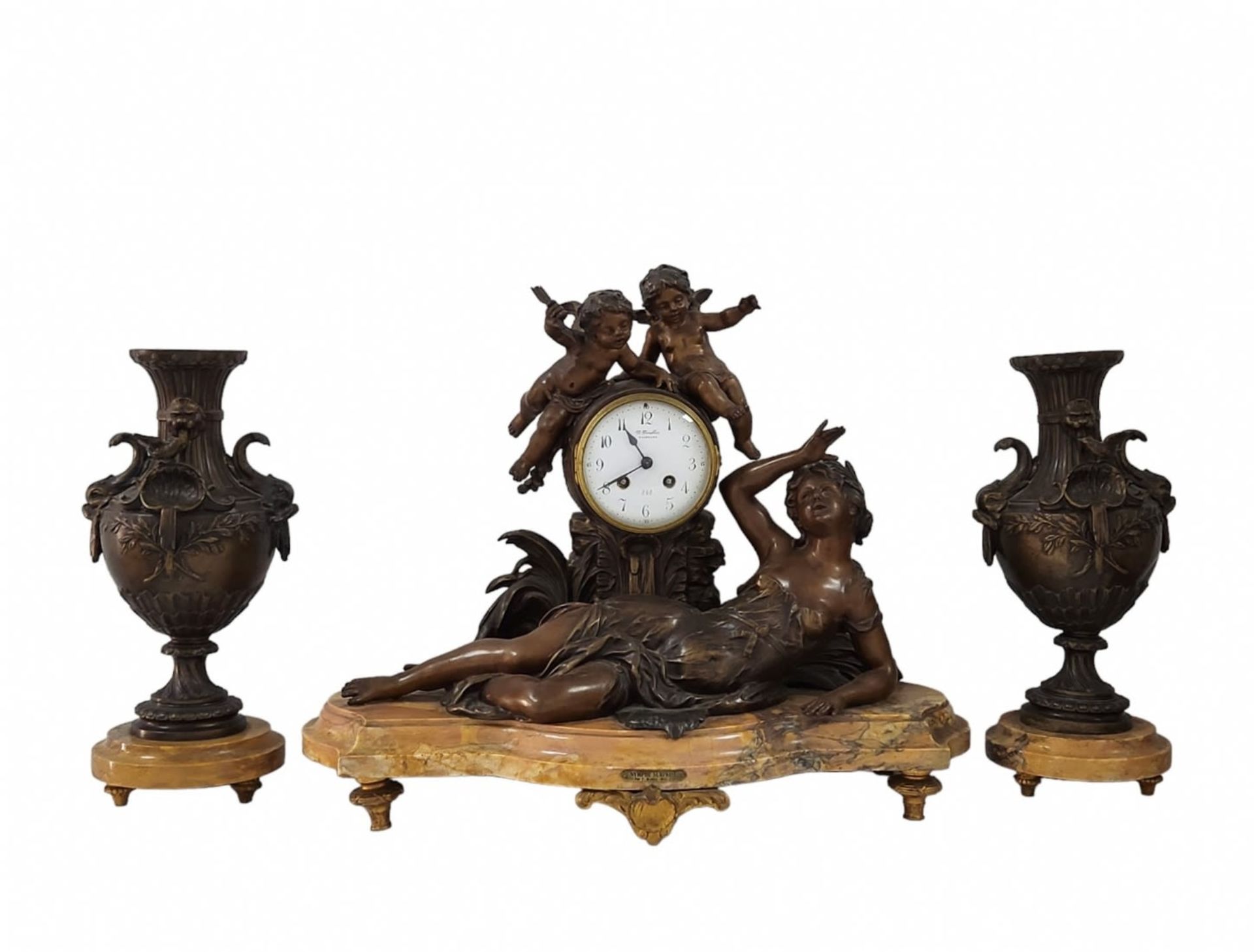 'Angels surprising a Nymph' - Antique French Mantel Clock, large and magnificent, made of spelter