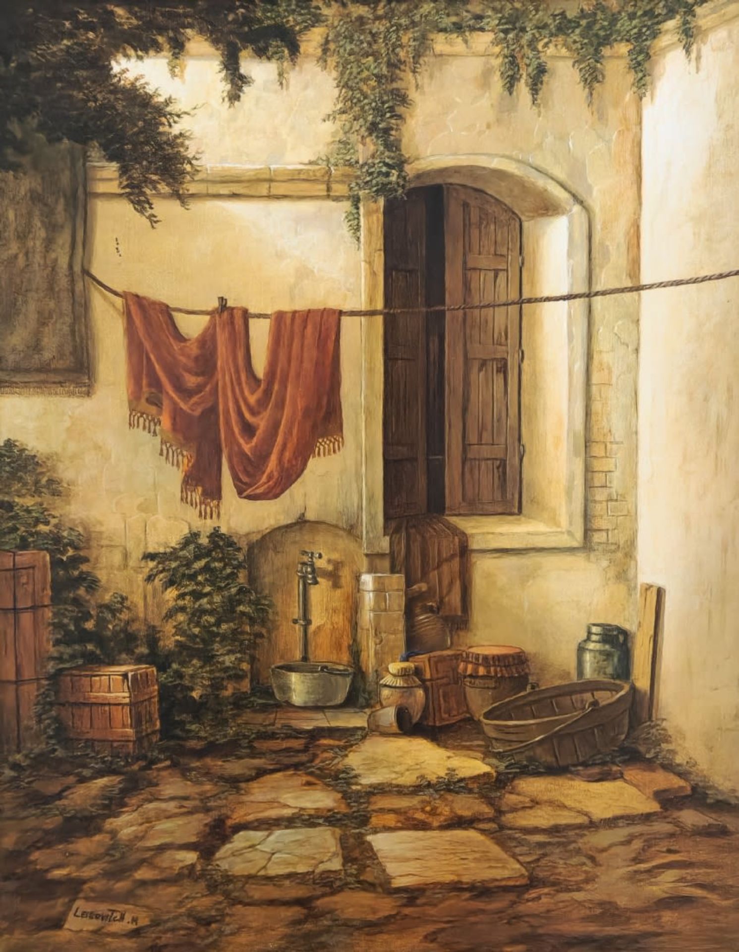 'The courtyard of the house' - Moni Leibovitch, oil on panel, signed, Dimensions: 44.5X35.5 cm,