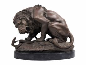 'A lion fighting a snake' - bronze sculpture based on an original by Antoine Louis Barry, (Antoine-