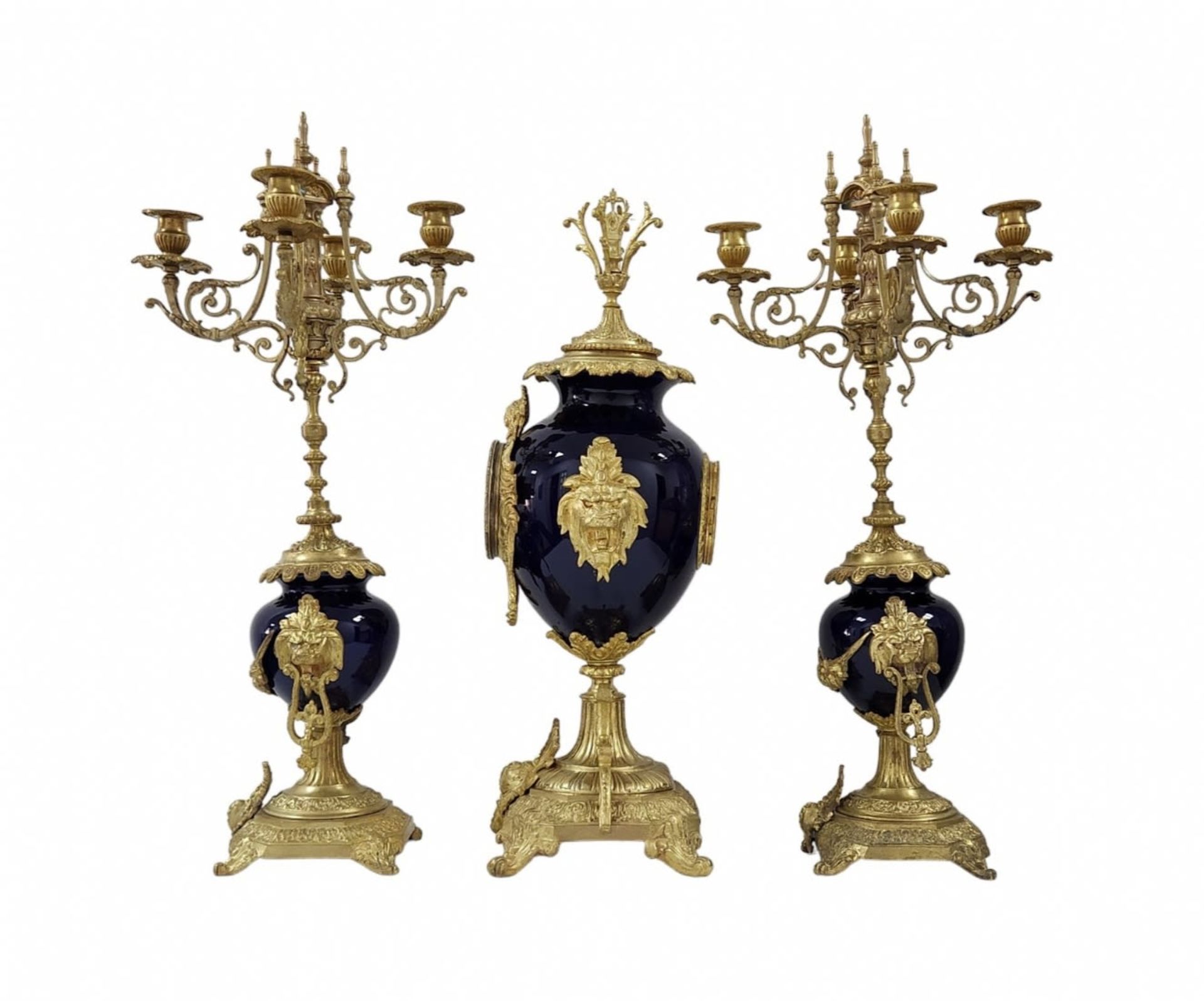 Antique French Garniture, impressively large and luxurious, includes a mantle clock and a pair of - Image 4 of 10