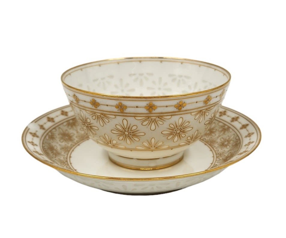 High-quality French porcelain bowl made by 'Sevres', and matching rice grain porcelain saucer (