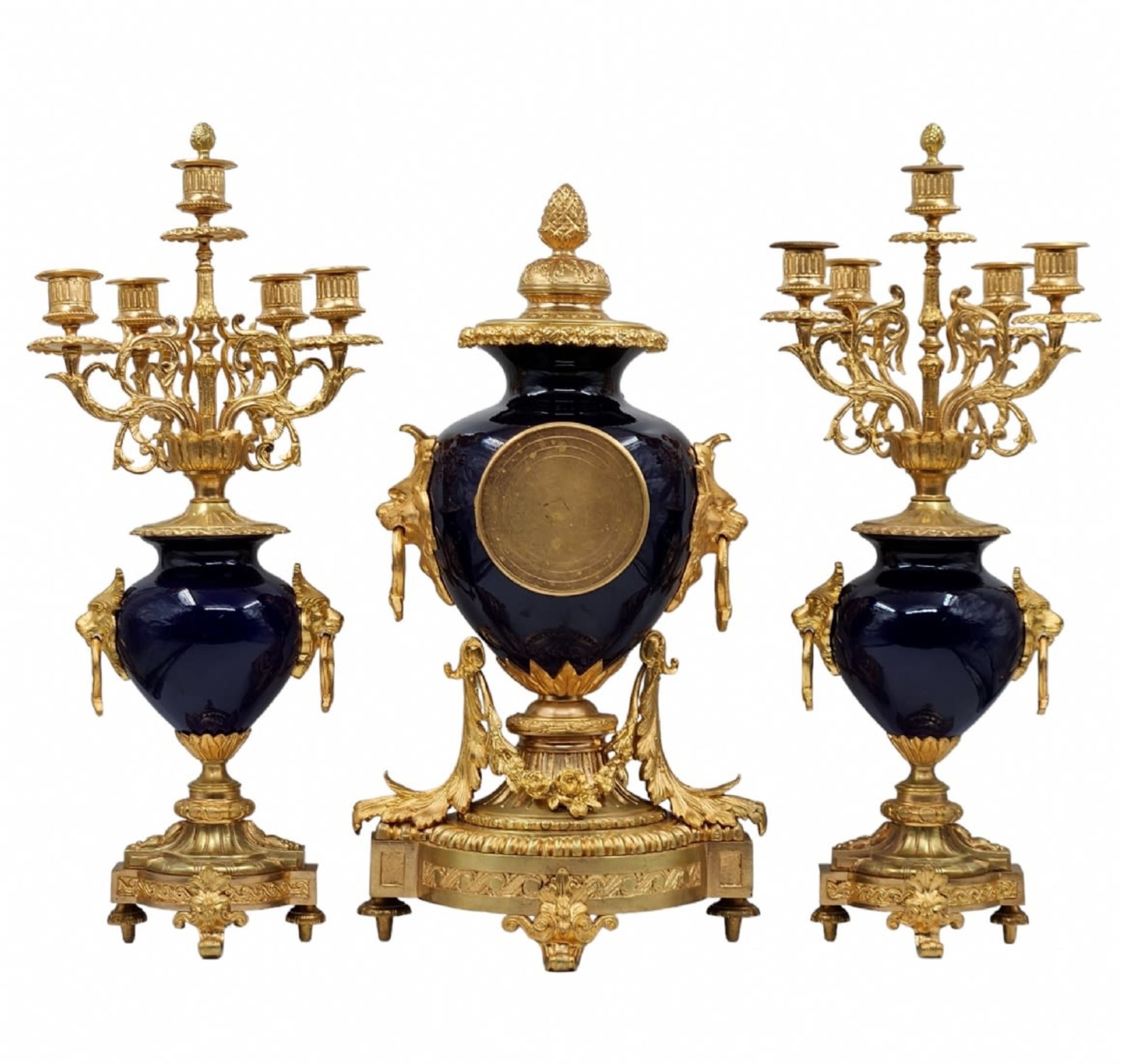 French Garniture set, from the 19th century, louis XVI or Louis XV style, includes: a mantle clock - Image 3 of 14