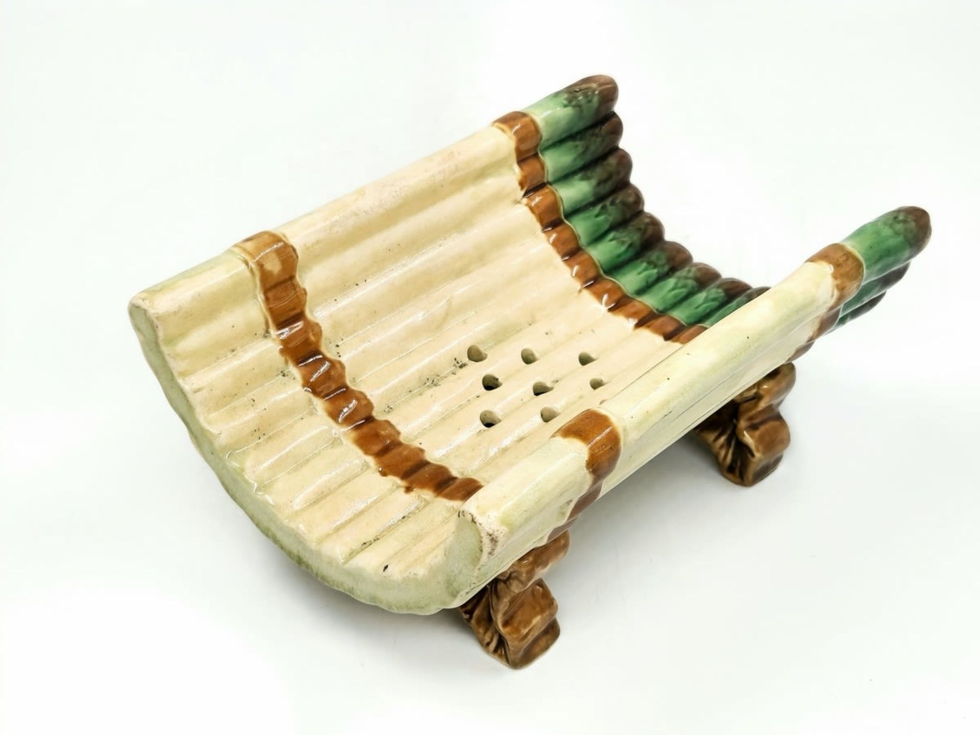 A beautiful old Asparagus Cradle made of Majolica, hand painted, not signed, 19th century, Width: 14