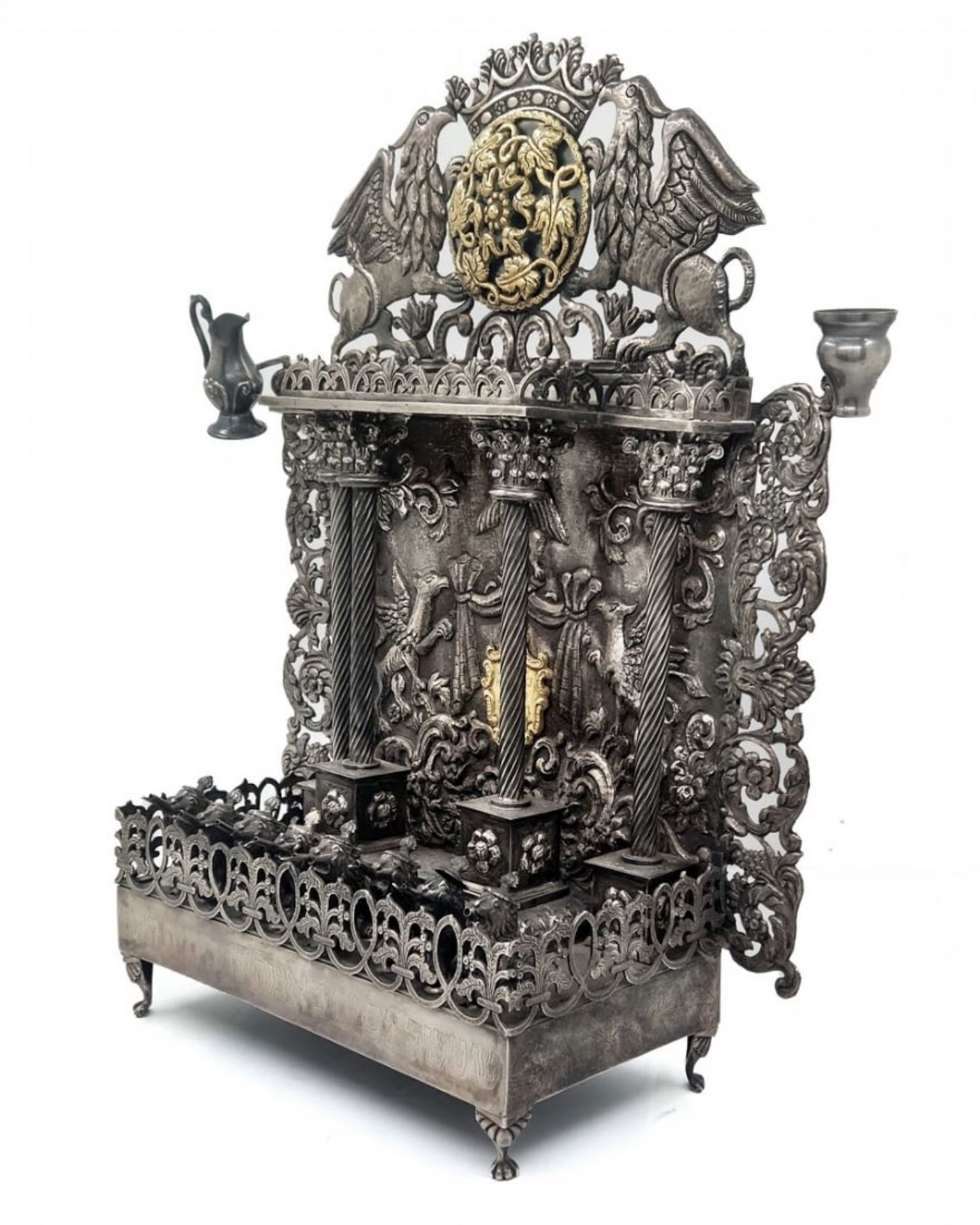 Luxurious and large Hanukkah menorah, very impressive and made from silver in repousse technique., - Image 2 of 13