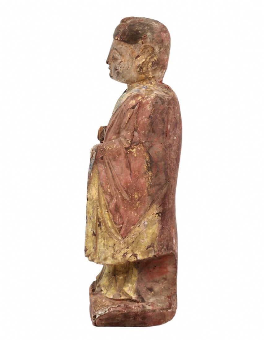 Antique Chinese Buddhist statue, 18th century, made of wood, decorated with polychrome enamel and - Image 2 of 7