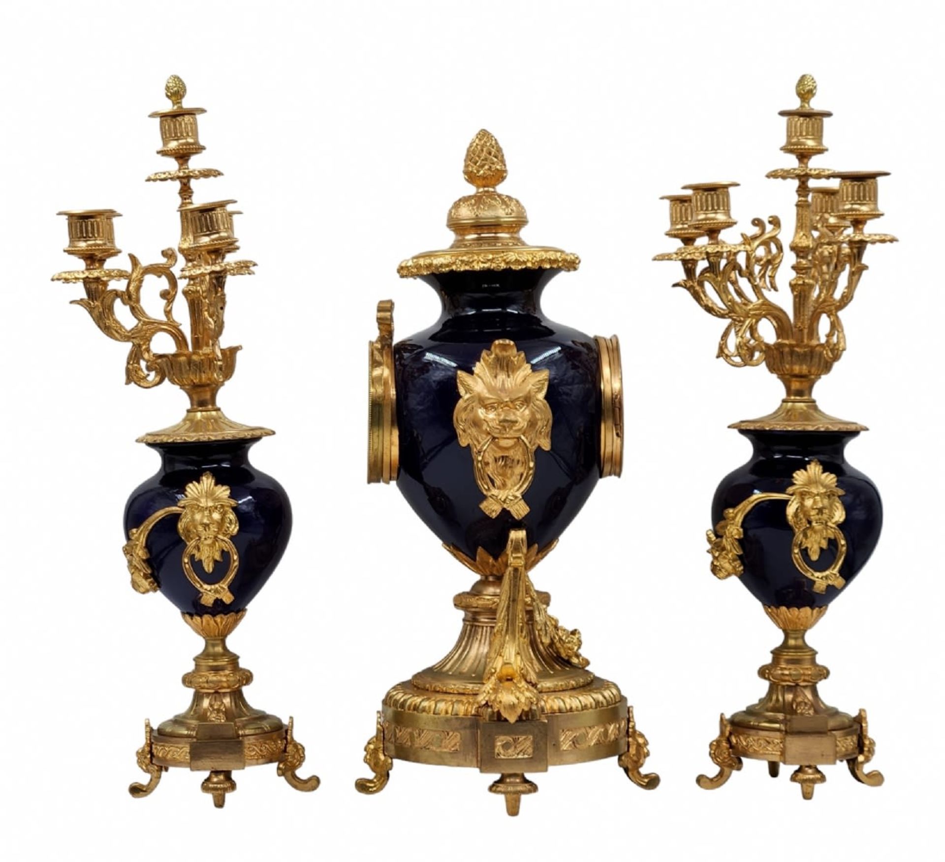 French Garniture set, from the 19th century, louis XVI or Louis XV style, includes: a mantle clock - Image 4 of 14