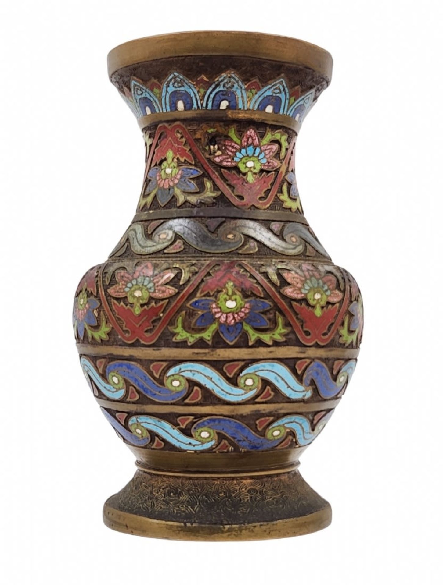 An antique Chinese urn from the 19th century, the urn is made of bronze and 'Champleve' enamel, - Bild 3 aus 7