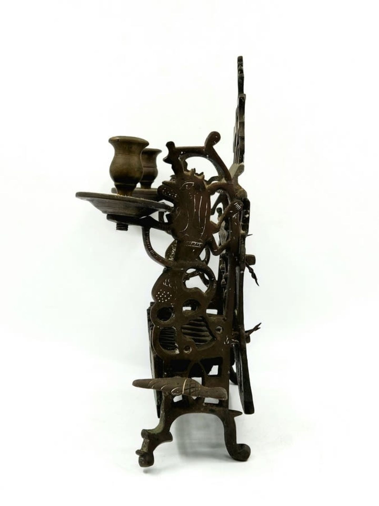 An antique menorah, 18th century, Eastern Europe (apparently Poland), made of bronze, the back is - Image 5 of 5
