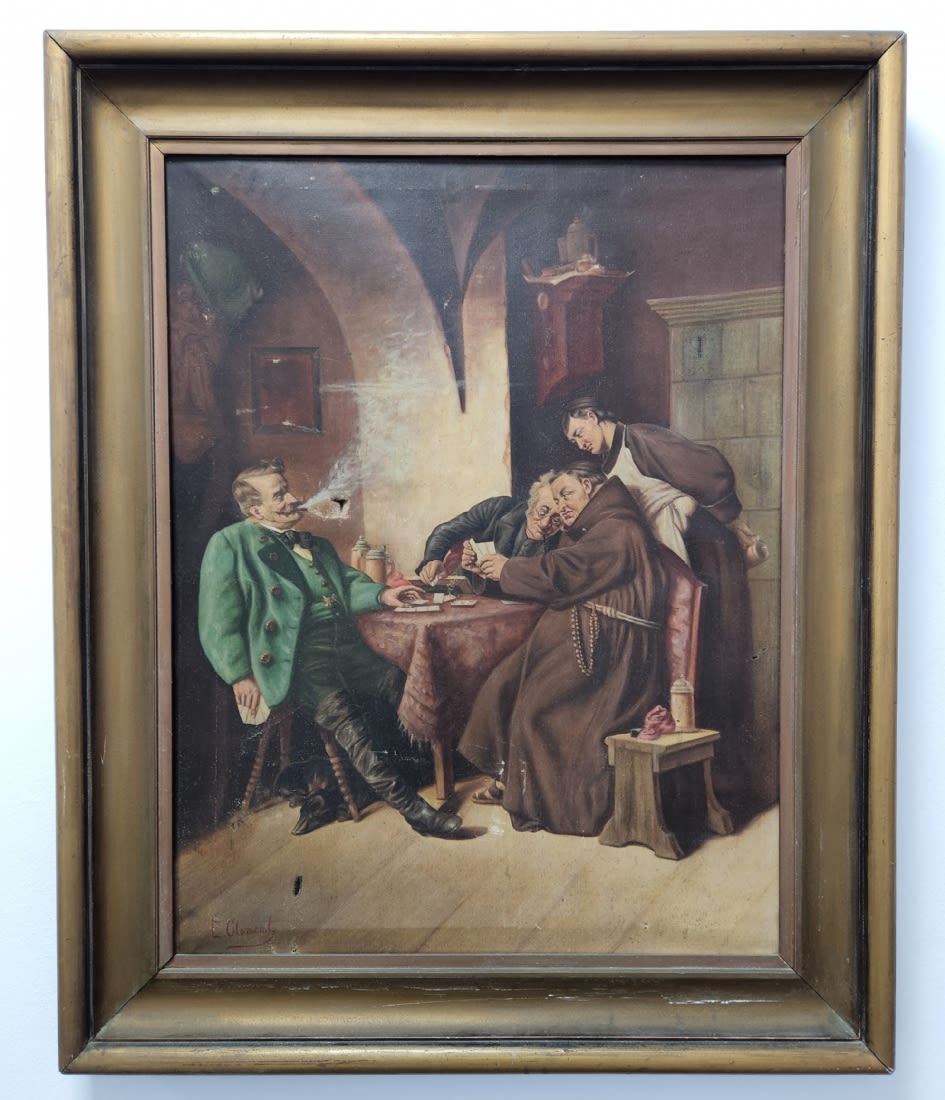 'Three monks and a man in a green jacket playing cards' - signed: E. Clement, antique painting, - Image 2 of 6