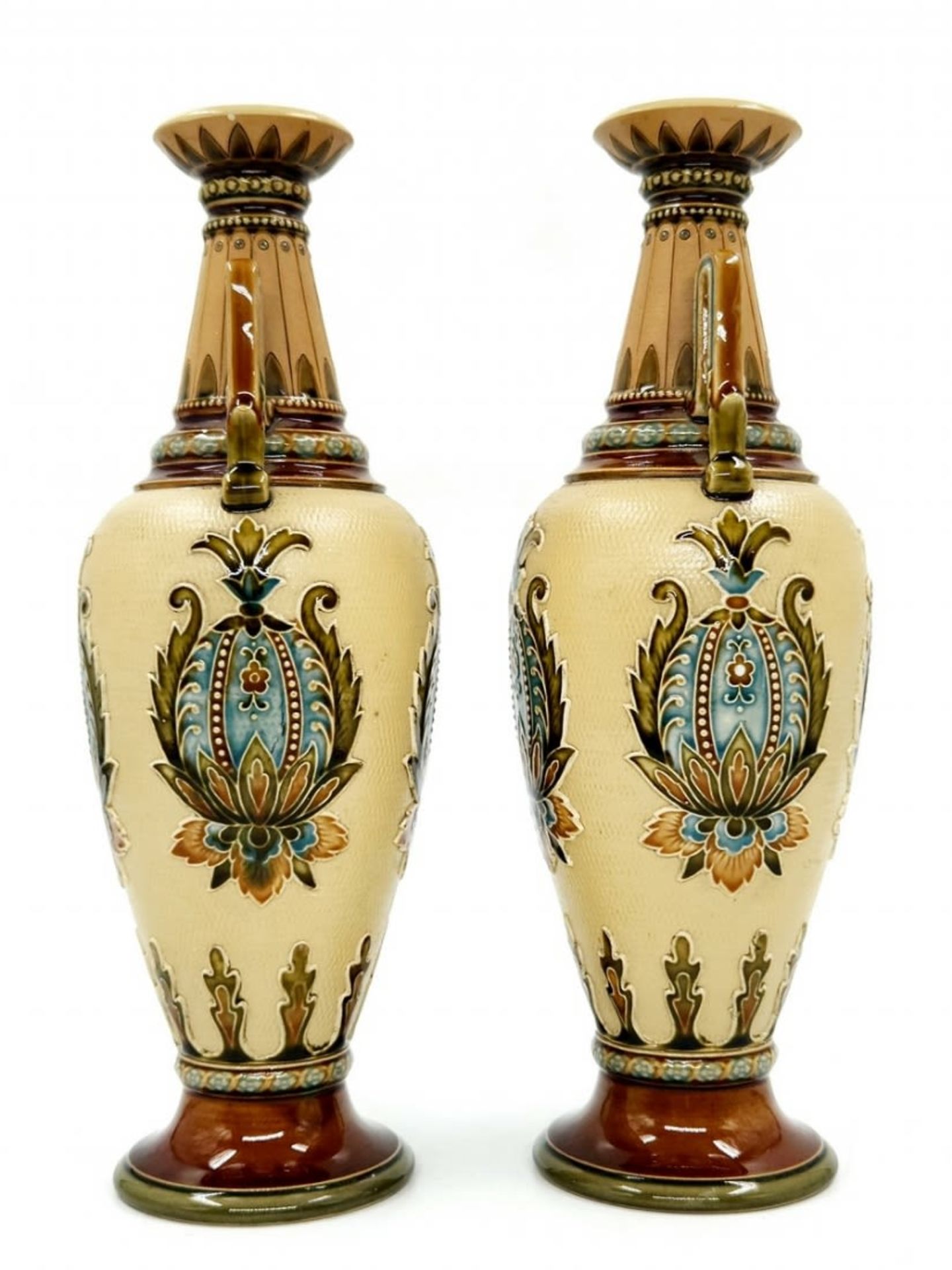 A pair of German vases made by 'Villeroy & Boch, Mettlach', made of majolica, signed, High - Image 3 of 6