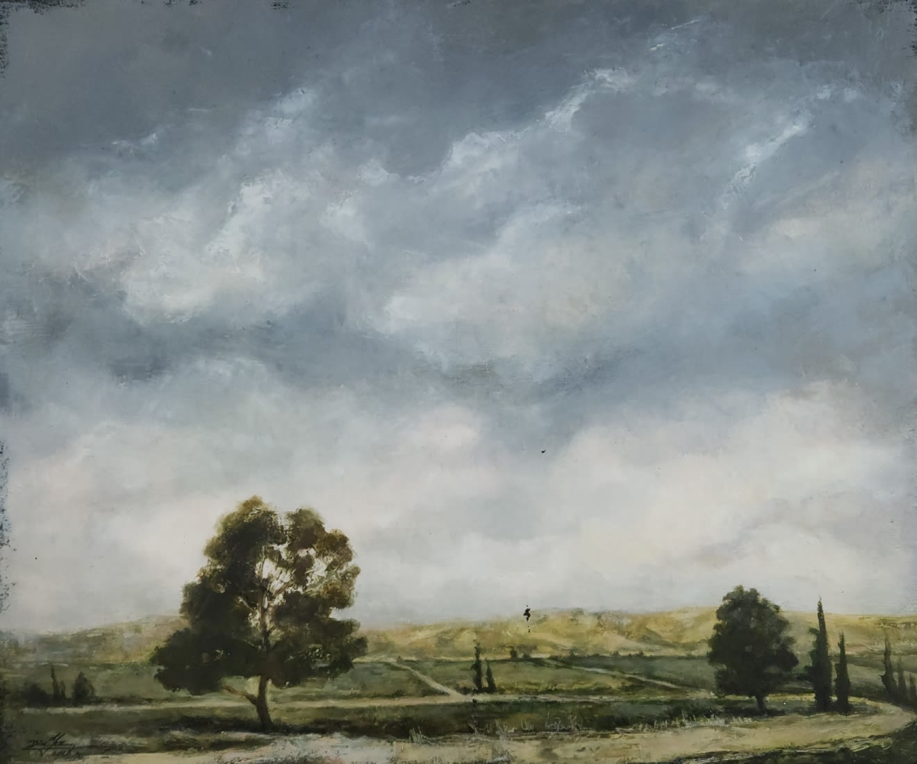 'Landscape of sky and trees' - Dim Yuz, oil on canvas, also signed on the back of the painting,